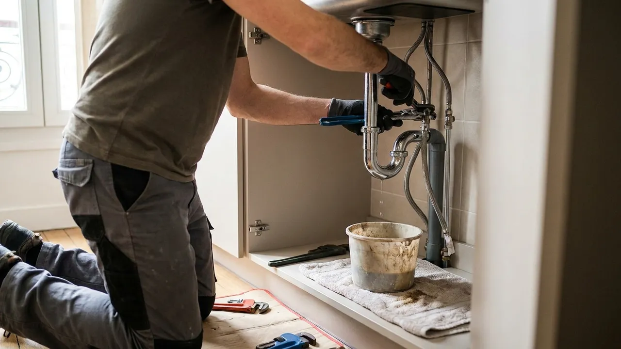 Réparation d'une fuite de siphon sous un évier de cuisine dans un pavillon de Saint-Cyr-l'École